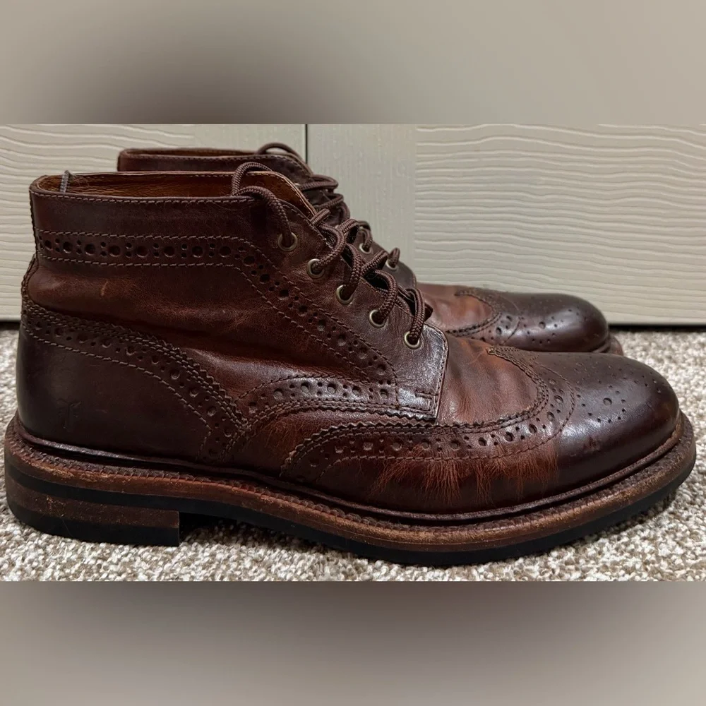Frye Graham Brogue Chukka Boots Men’s 8.5 Brown Leather Lace-Up Ankle Dress
